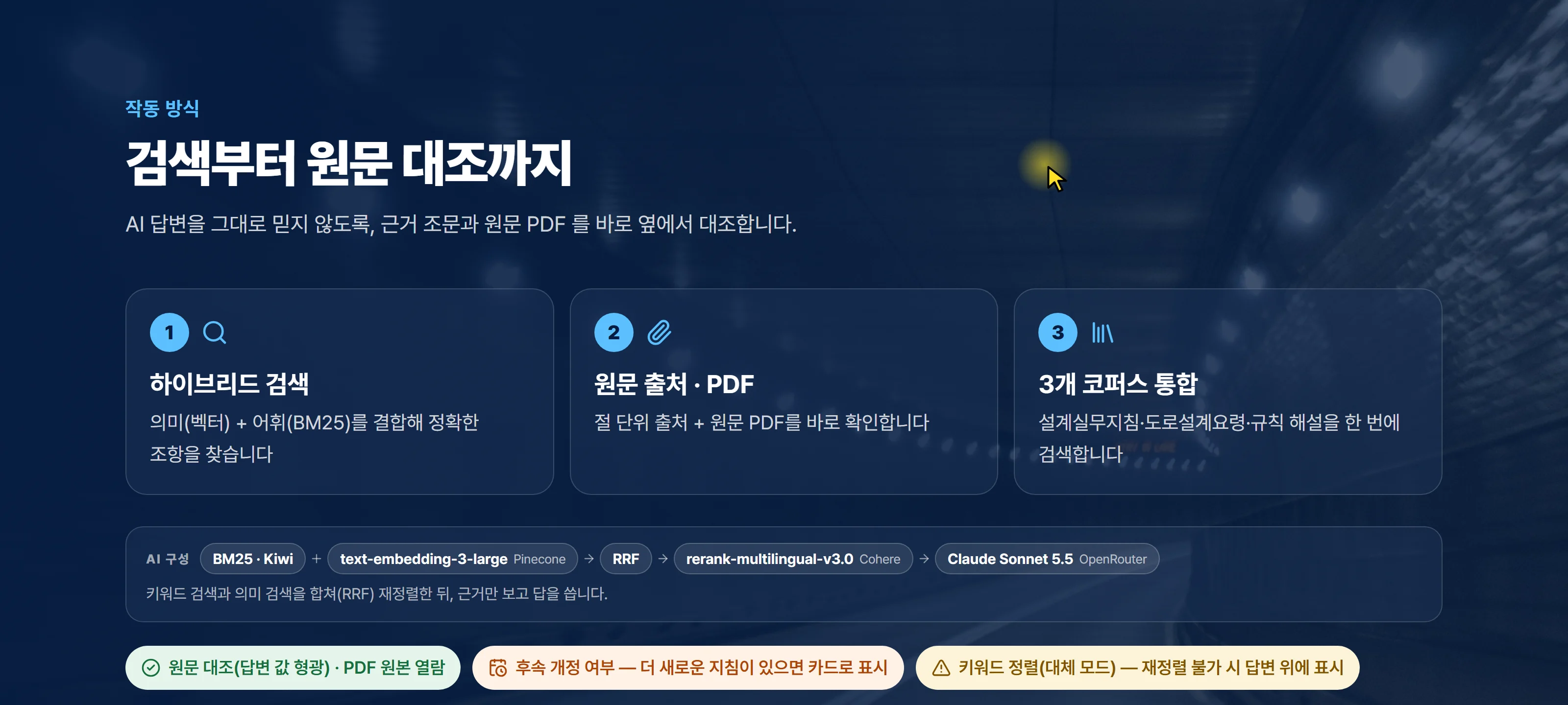 작동 방식 — 하이브리드 검색 → 원문 출처, PDF → 3개 자료 통합